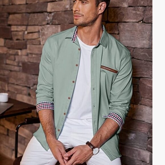 Casual Dress Shirt Button Down Shirts Long-Sleeve Denim Work Shirt, 5XL - Picture 4 of 8